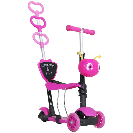 HOMCOM Adjustable Kids Toddler Scooter, with Removable Seat, Back Handle, Pink