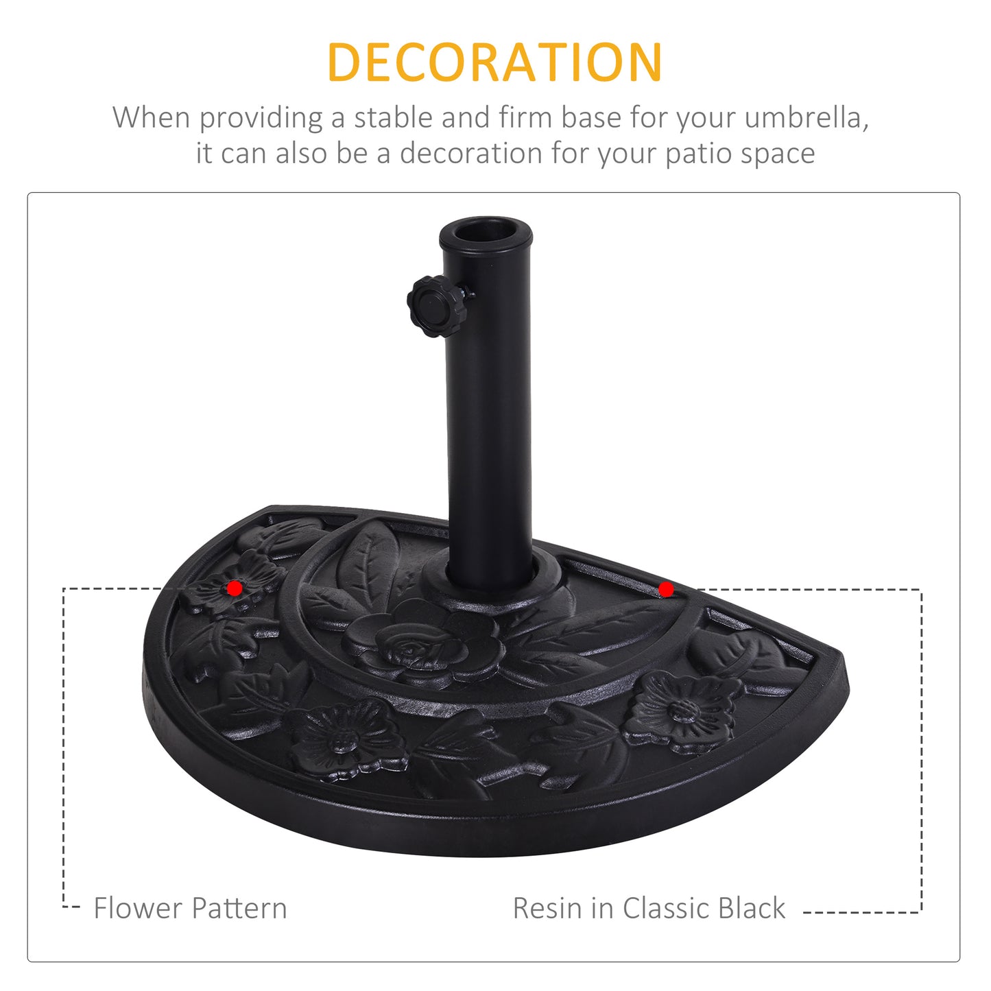 Outsunny 9kg Resin Parasol Base, Half Round Umbrella Stand with Floral Design for Garden, Outdoor, Suitable Umbrella Rod: Î¦3.8cm, Î¦4.8cm, Black