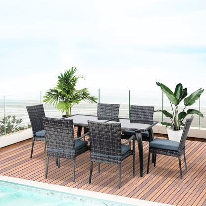 Outsunny 6 Seater Rattan Dining Set with Cushions, Rattan Garden Furniture Set, Outdoor Dining Table and Chairs with 6 Stackable Armchairs, Rectangular Glass Top Table for Patio, Balcony, Grey