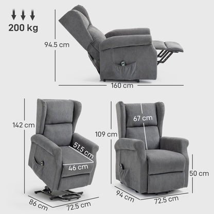 HOMCOM Power Lift Recliner Armchair, Electric Lift Chair for Elderly, Fabric Riser and Reclining Chair with Remote Control, Side Pockets, Extended Footrest, for Living Room, Charcoal Grey