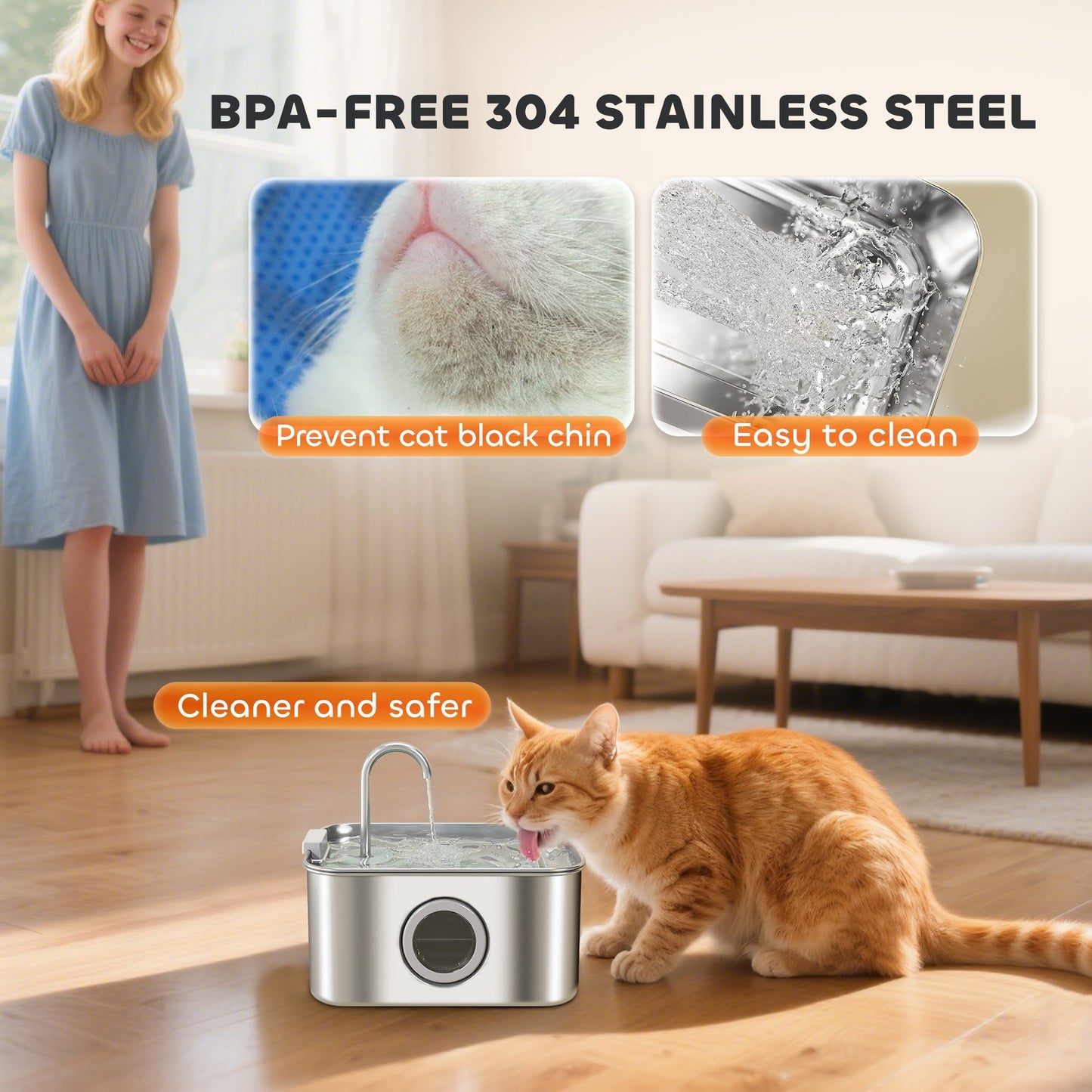 PawHut 3.2L Cat Water Fountain for Drinking, Cat Fountain Stainless Steel with Visible Water-Level Window, Ultra-Silent Pump