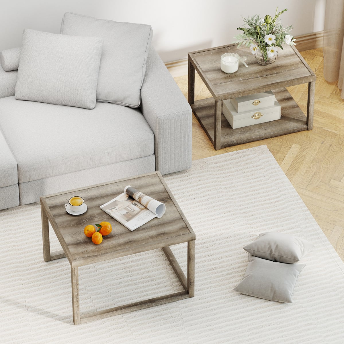 Nesting Coffee Table Set of 2 with Storage Shelf and Rubber Wood Frame-Grey