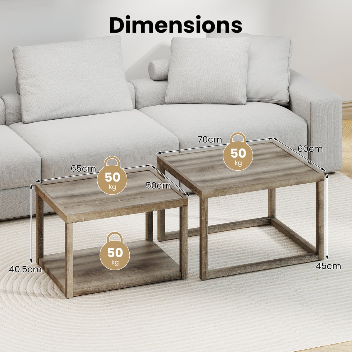 Nesting Coffee Table Set of 2 with Storage Shelf and Rubber Wood Frame-Grey