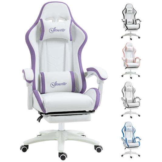 Vinsetto Computer Gaming Chair, PU Leather Desk Chair with Footrest, Swivel Task Chair with 135¡ Reclining Back and Lumbar Support, PC Chair for Adults, White and Purple