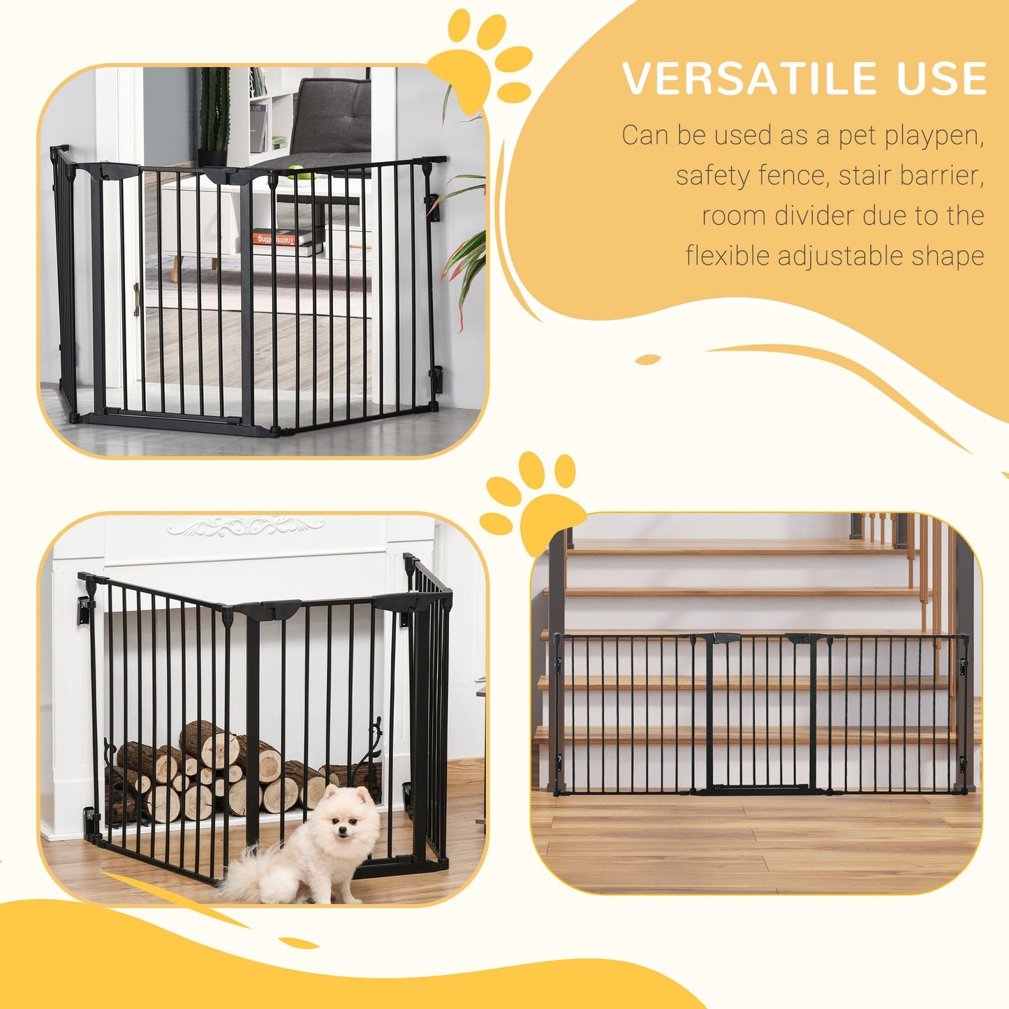 PawHut Pet Safety Gate, 3 Panels Playpen Fireplace, Foldable Metal Fence, Stair Barrier, Room Divider, Fire Guard w/ Automatic Closing Door, Black