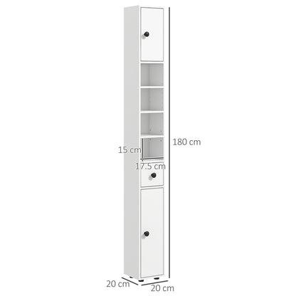 kleankin 180cm Tall Bathroom Cabinet, Slim Bathroom Storage Cabinet with 4 Open Shelves, 2 Door Cupboards and Adjustable Shelves, White