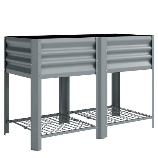 Outsunny Raised Garden Bed with Storage Shelf Steel Elevated Planter Box with Legs for Outdoor Vegetables Flowers