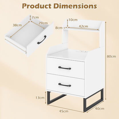 Nightstand Modern Bedside Table Set of 2 with Built-in Charging Station-White