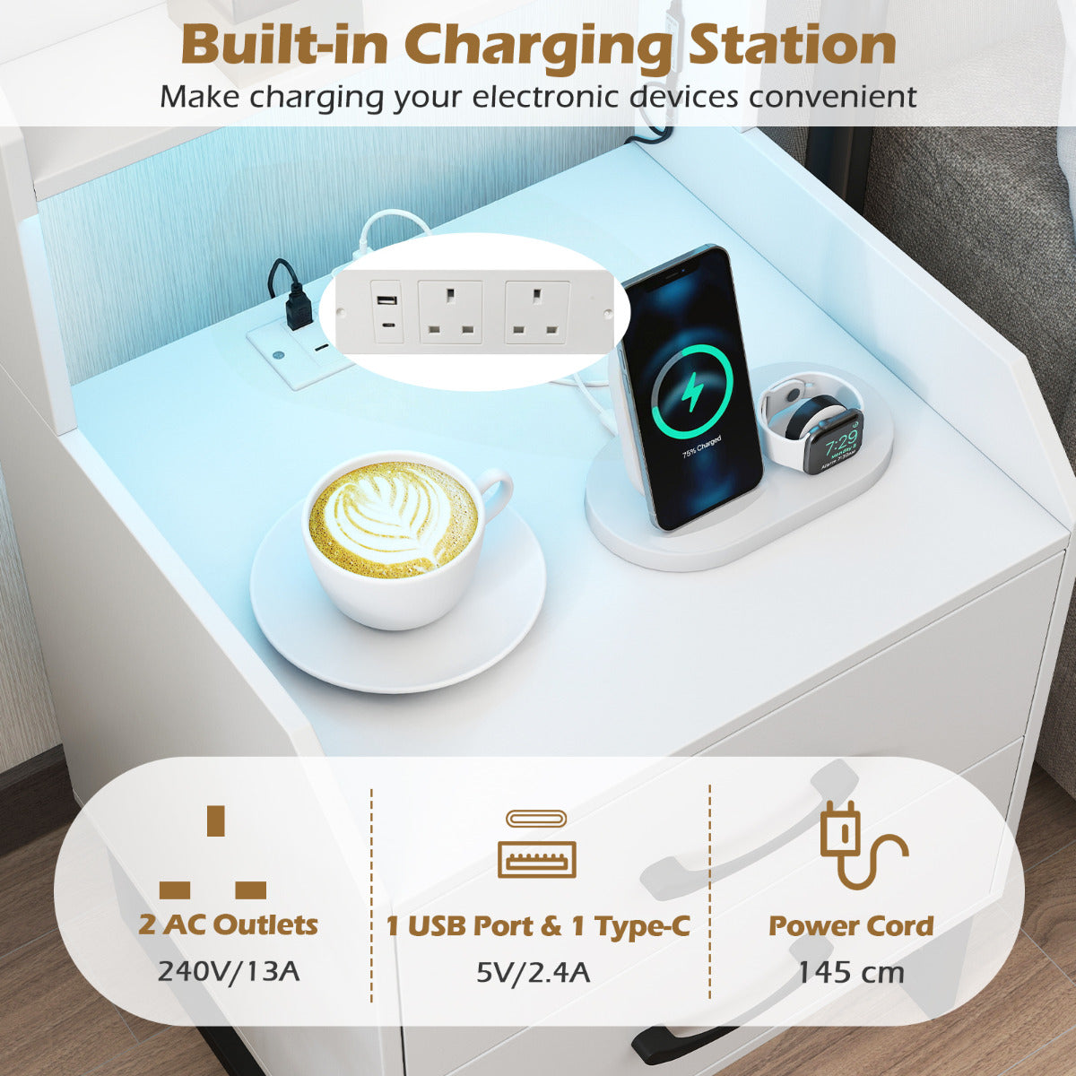 Nightstand Modern Bedside Table with Built-in Charging Station-White