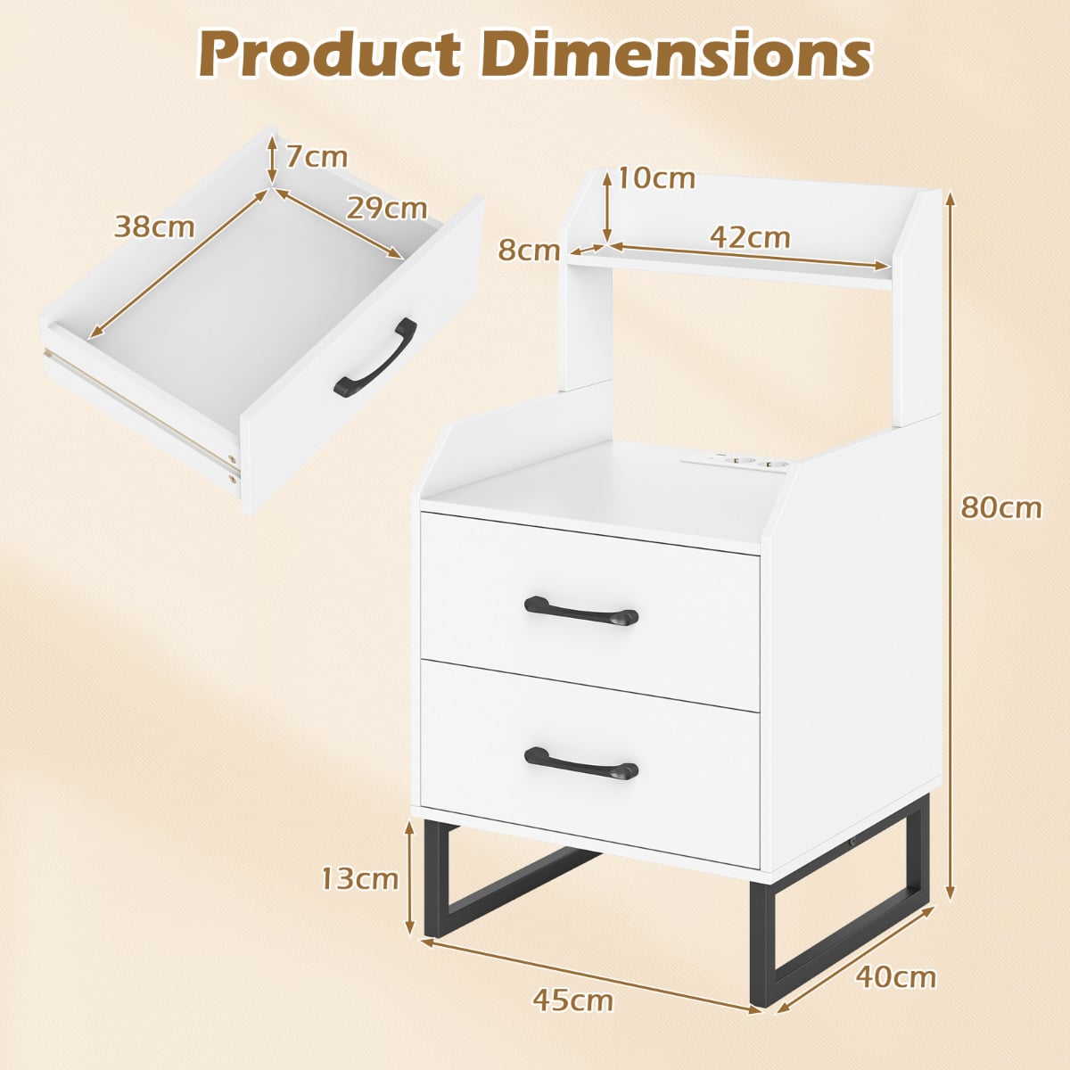 Nightstand Modern Bedside Table with Built-in Charging Station-White