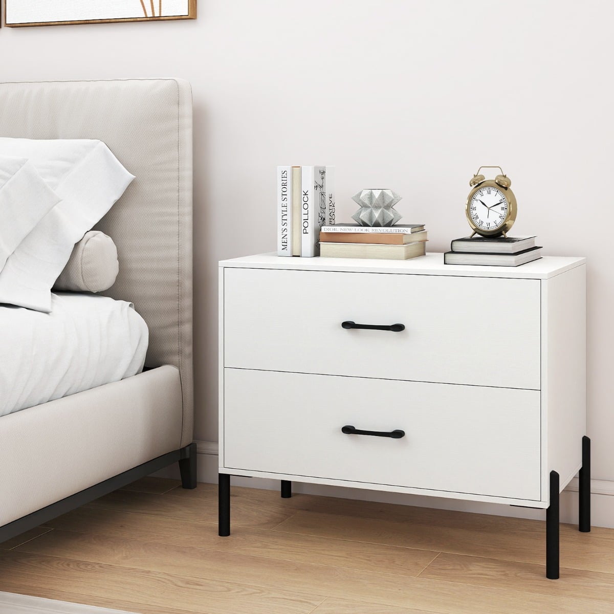Nightstand with 2 Removable Drawers and Heavy Duty Metal Legs-White