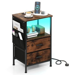 Nightstand with Charging Station and Folding Fabric Drawers-Rustic Brown