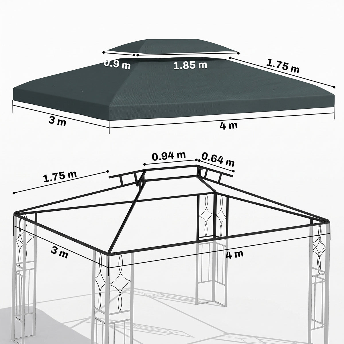 Outsunny Gazebo Roof Replacement, for 3 x 4m Frames - Grey