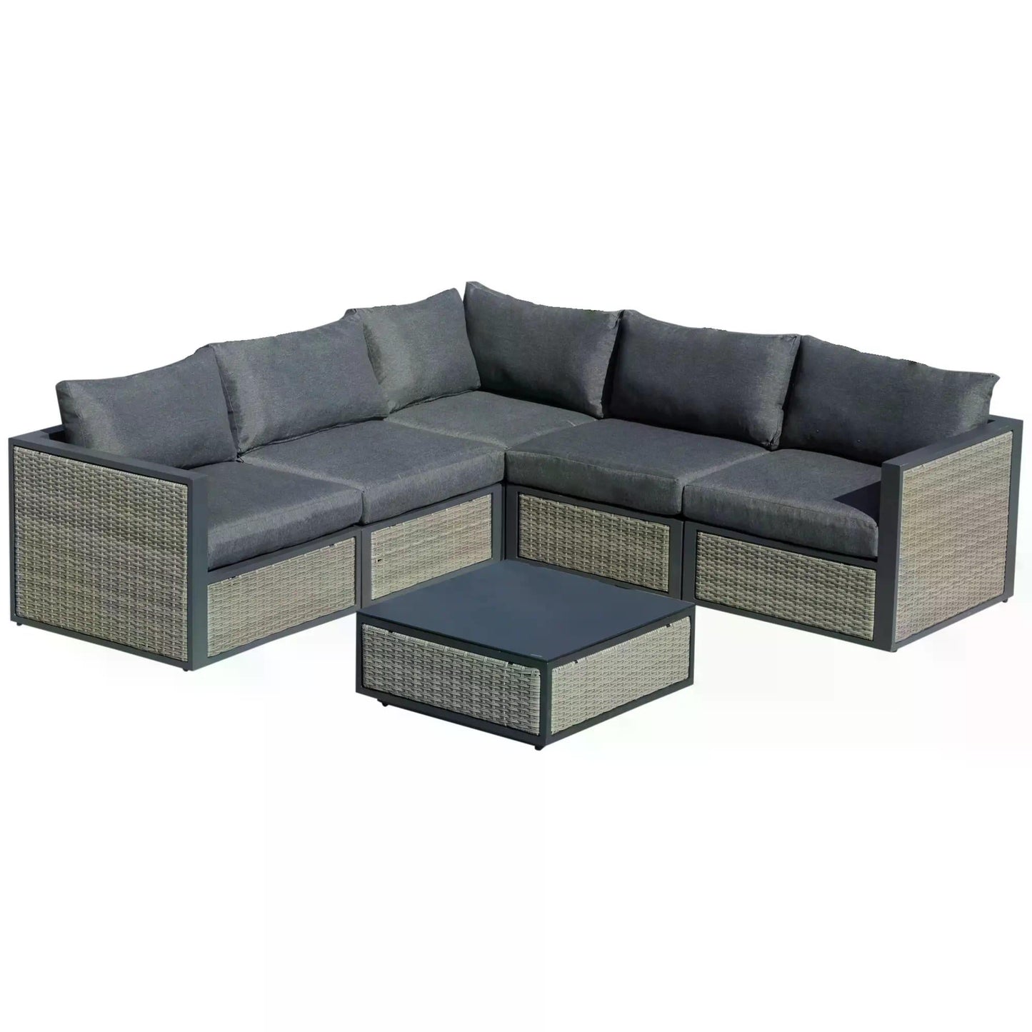 Outsunny 6 Pieces Patio Wicker Corner Sofa Set, Outdoor PE Rattan Sectional Conversation Aluminum Frame Furniture Set w/ Padded Cushion & Coffee Table, Grey