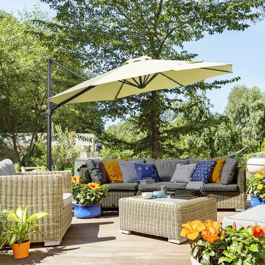 Outsunny 3(m) LED Cantilever Parasol Garden Sun Umbrella w/ Base and Solar Lights Beige