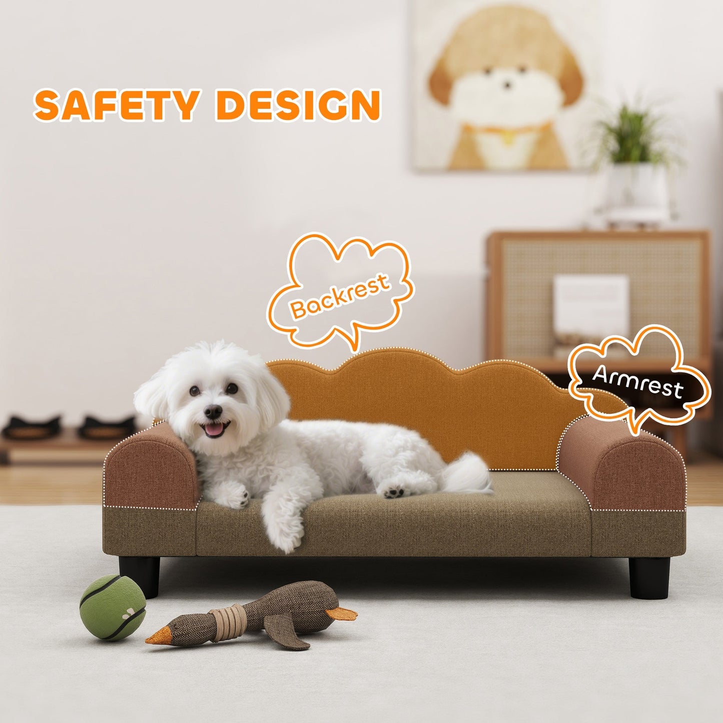 PawHut Elevated Dog Sofa Bed, Breathable Pet Sofa with Backrest and Armrest for Small Dogs, Brown
