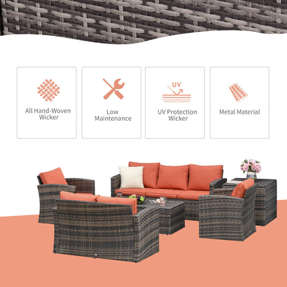 Outsunny 6 Pieces Rattan Garden Furniture Set Wicker Outdoor Sofa Sectional Patio Conversation Furniture Set w/ Storage Table and Cushions, Orange