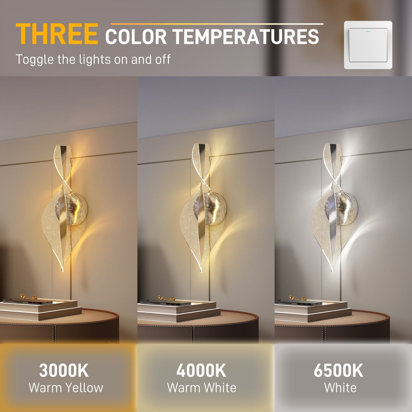 HOMCOM Led Wall Lamp 2 Pack, 13W Modern Indoor Spiral Wall Light, Colour Temperature Adjustable 3000K/4000K/6500K, for Bedroom, Living Room, Hallway, Stairs, Silver Tone