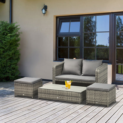 Outsunny 4-Piece Garden Rattan Furniture Outdoor Wicker Conversation Patio Sofa Set with 2-seater Sofa, 2 Footstools and Lift Top Coffee Table Space-saving- Grey