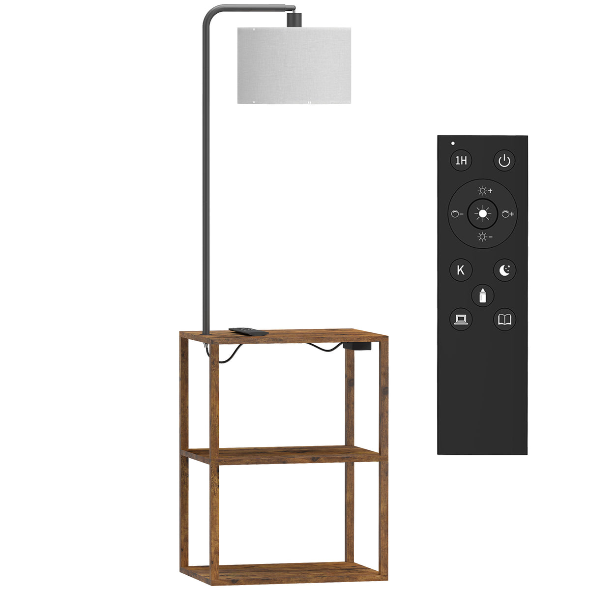 HOMCOM Dimmable Floor Lamp with Shelves, Charging Station, 3-Tier Storage Table, Adjustable Fabric Lampshade, Rustic Brown