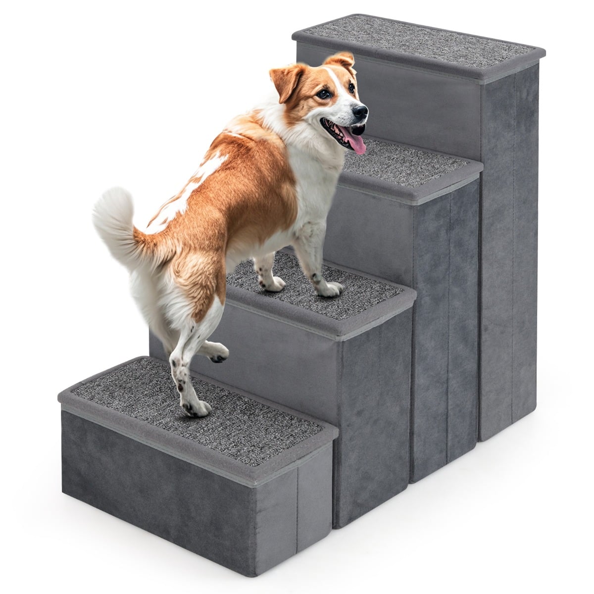 4-Step Non-slip Foldable Dog Stairs  with Adjustable Steps-Grey