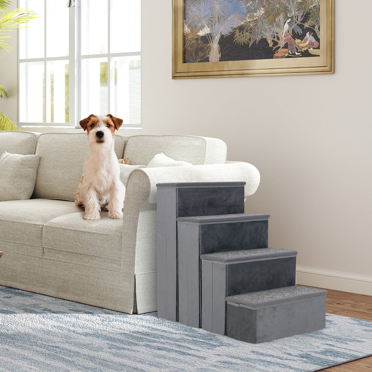 4-Step Non-slip Foldable Dog Stairs  with Adjustable Steps-Grey