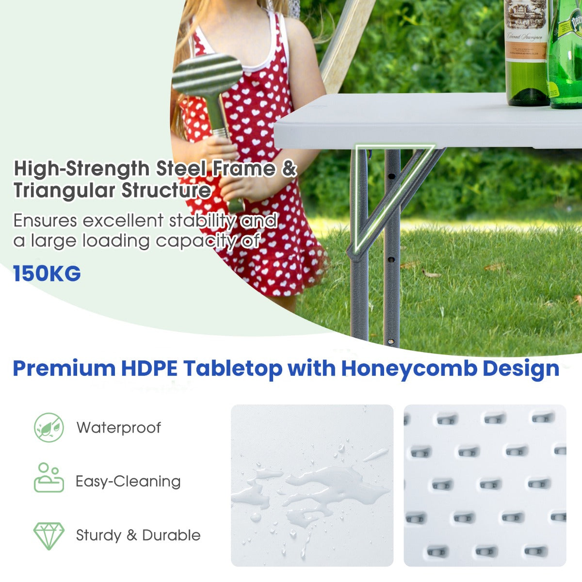 120cm Portable Bi-fold Camping Table with 3-Level Height Adjustment & 150kg Load Capacity