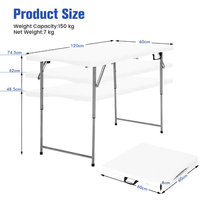 120cm Portable Bi-fold Camping Table with 3-Level Height Adjustment & 150kg Load Capacity