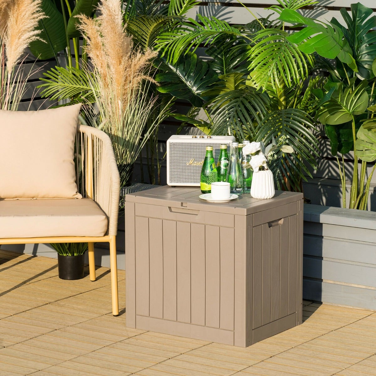 Outdoor Storage Shed with Handles and Lockable Lid-Coffee