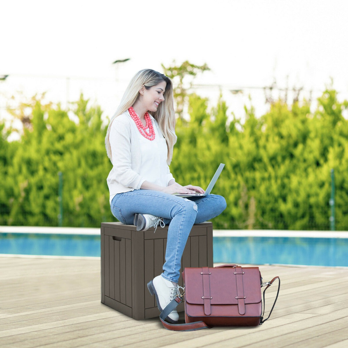 Outdoor Storage Shed with Handles and Lockable Lid-Coffee