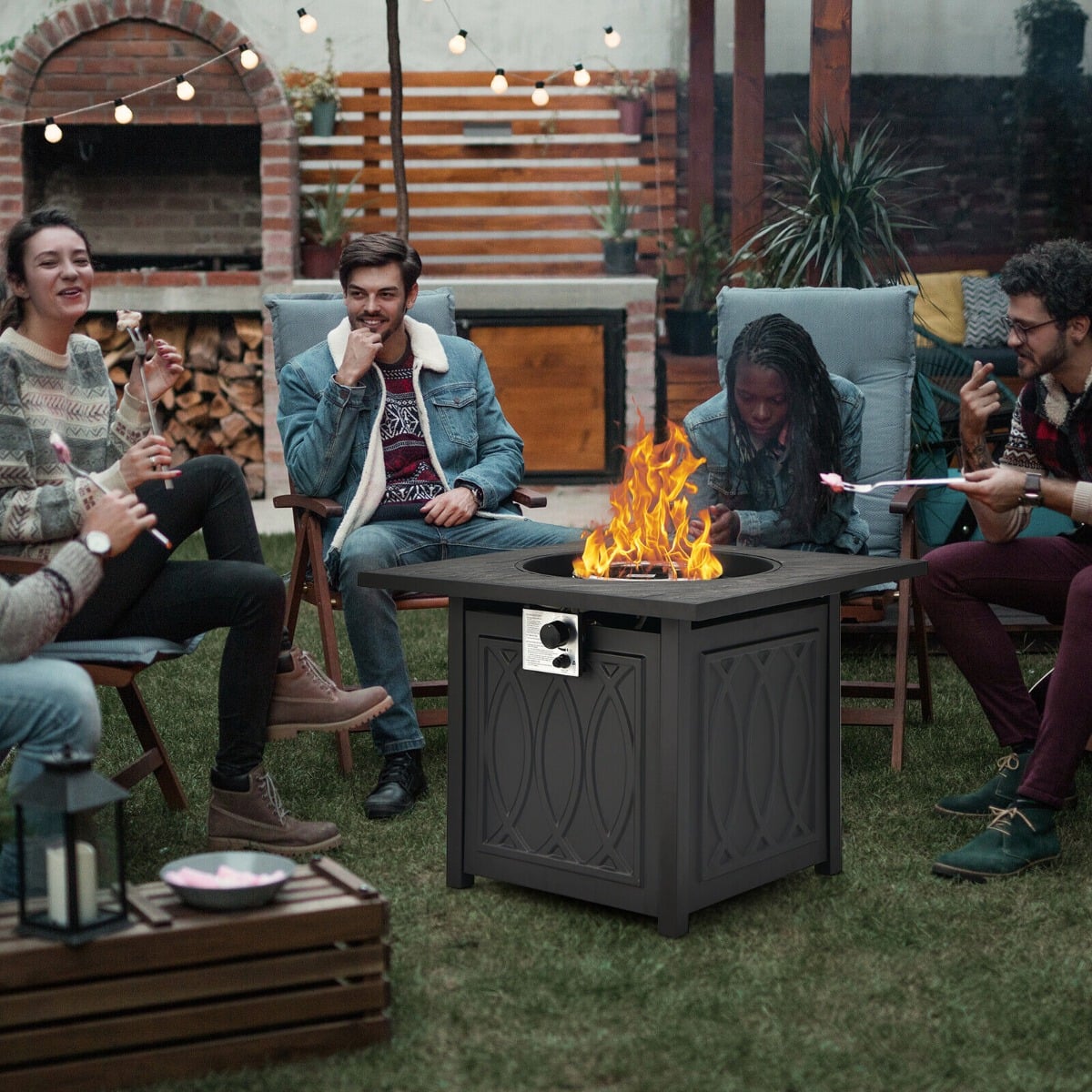 50,000 BTU Propane Fire Pit Table Square Heater with Lava Rocks Cover-Black