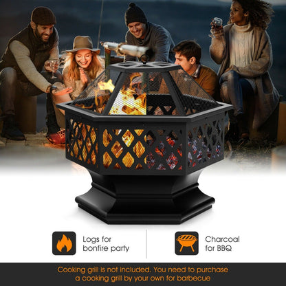 Hexagon Charcoal Metal Fire Pit with Fire Poker for Patio-Black