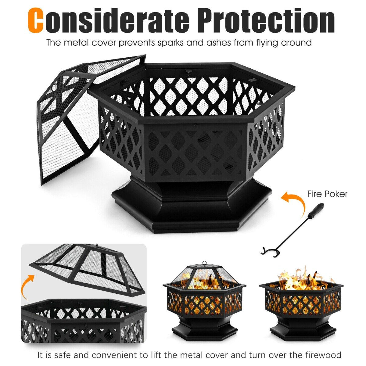 Hexagon Charcoal Metal Fire Pit with Fire Poker for Patio-Black