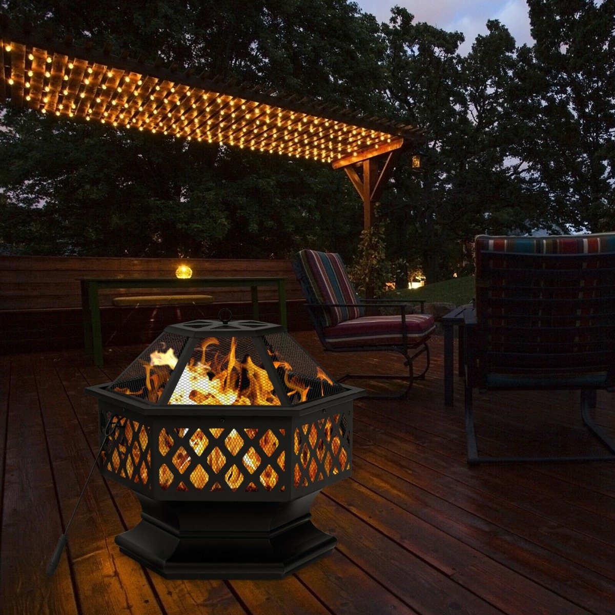 Hexagon Charcoal Metal Fire Pit with Fire Poker for Patio-Black