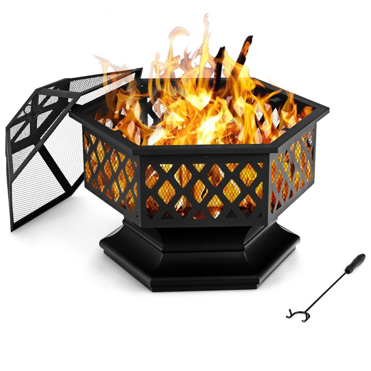 Hexagon Charcoal Metal Fire Pit with Fire Poker for Patio-Black