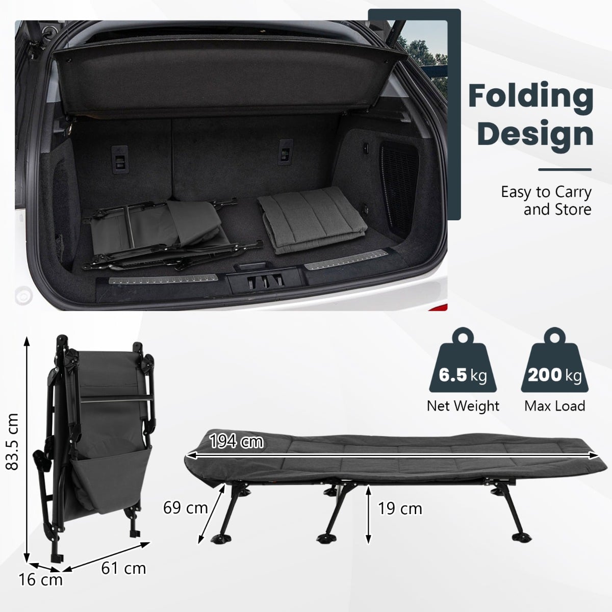 Folding Camping Cot with Detachable Mattress and 6-Position Adjustable Backrest-Grey