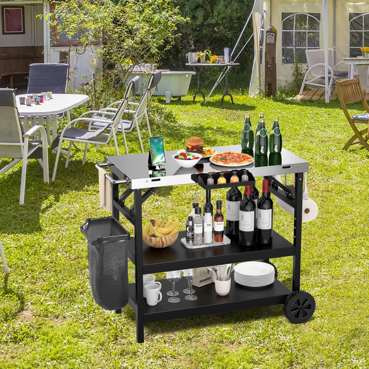 3-tier Mobile Food Prep Cart with Adjustable Shelf