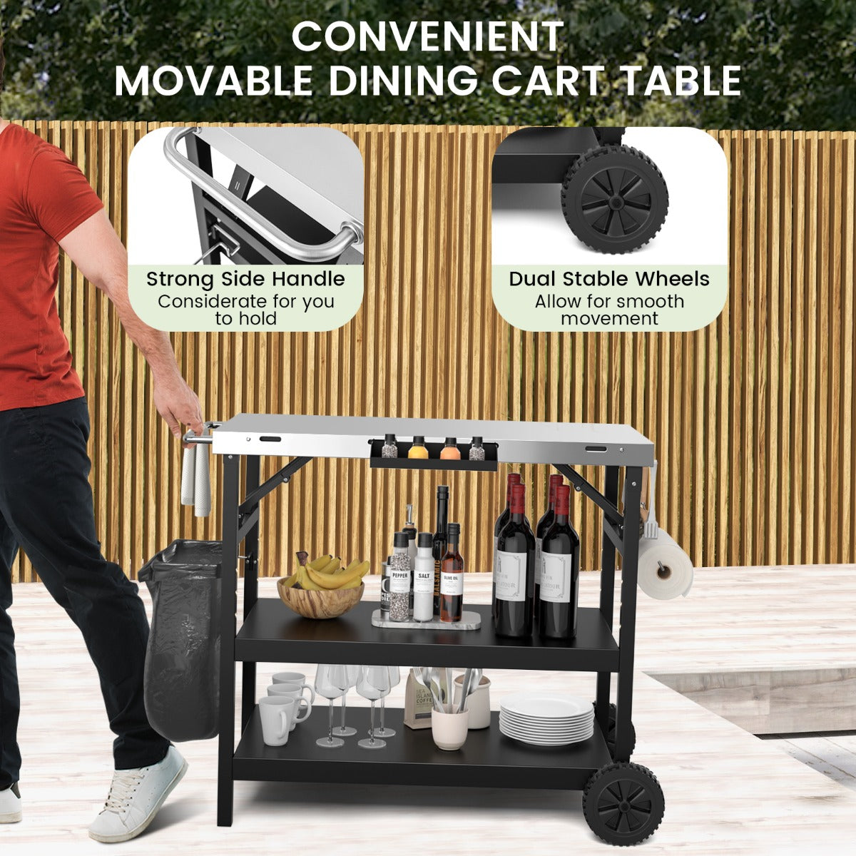 3-tier Mobile Food Prep Cart with Adjustable Shelf