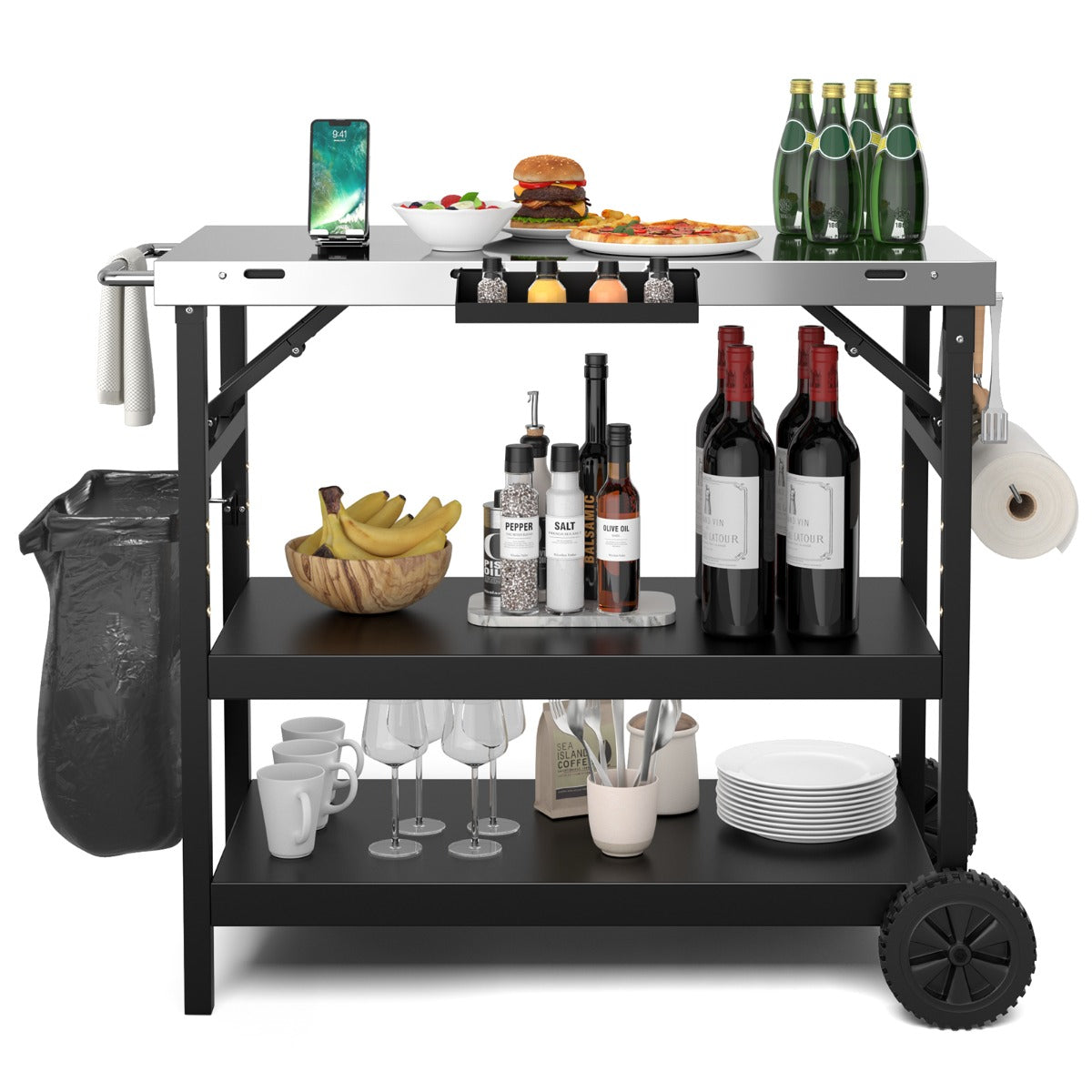 3-tier Mobile Food Prep Cart with Adjustable Shelf