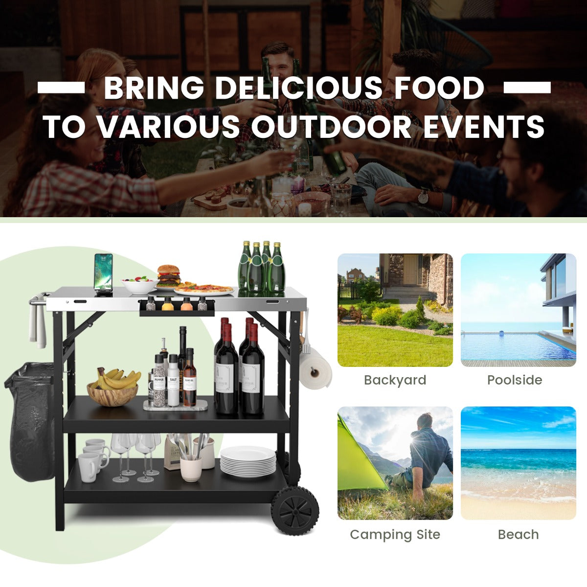 3-tier Mobile Food Prep Cart with Adjustable Shelf