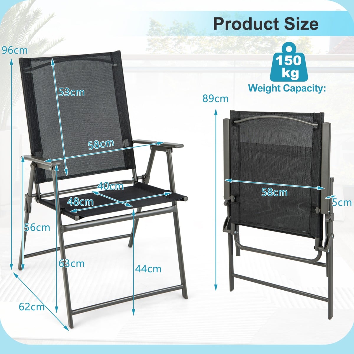 2 Piece Patio Folding Dining Chair Set with Weather-resistant Fabric-Black