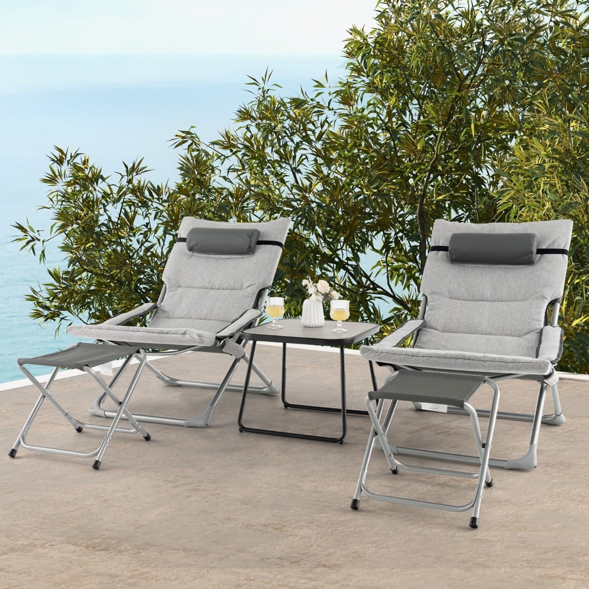 5 Piece Patio Sling Chair Set with Ottoman and Coffee Table-Grey