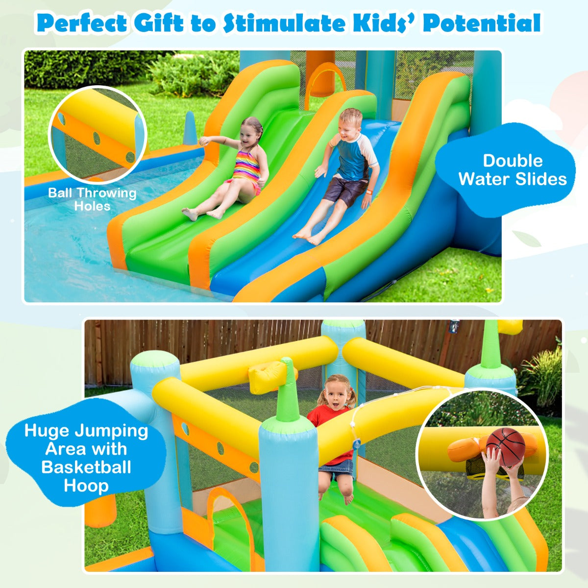 Inflatable Bounce House with Dual Slides for Kids
