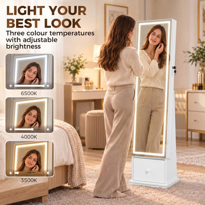 HOMCOM Swivel Jewelry Cabinet with LED Lights, Lockable Standing Full Length Mirror with Storage, 3-Colour Dimmable, White