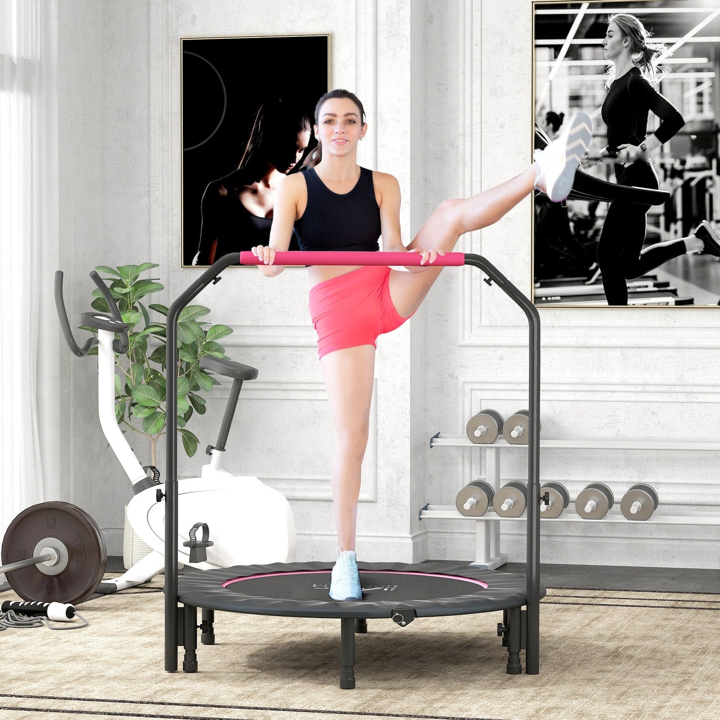 HOMCOM 48" Foldable Mini Fitness Trampoline, with Adjustable Foam Handle, Pink
