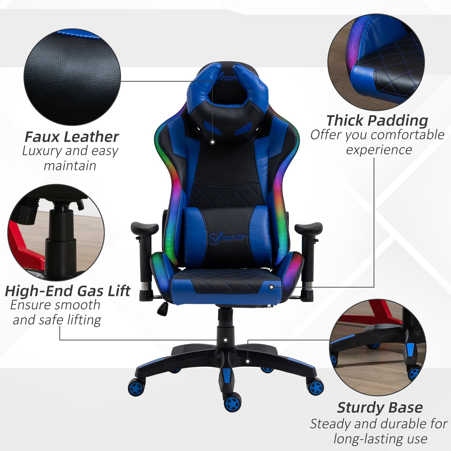 Vinsetto Racing Gaming Chair with RGB LED Light, Lumbar Support, Swivel Home Office Computer Recliner High Back Gamer Desk Chair, Black Blue