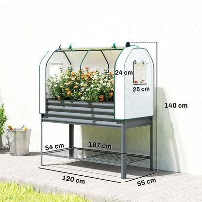 Outsunny Galvanised Raised Planter with Greenhouse Cover, Metal Raised Garden Bed on Legs with Bed Liner and Bottom Shelf
