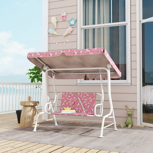 AIYAPLAY Kids Porch Swing, 2-Seater Patio Swing Bench Hammock with Seat Belts, Adjustable Canopy for Garden, Pink