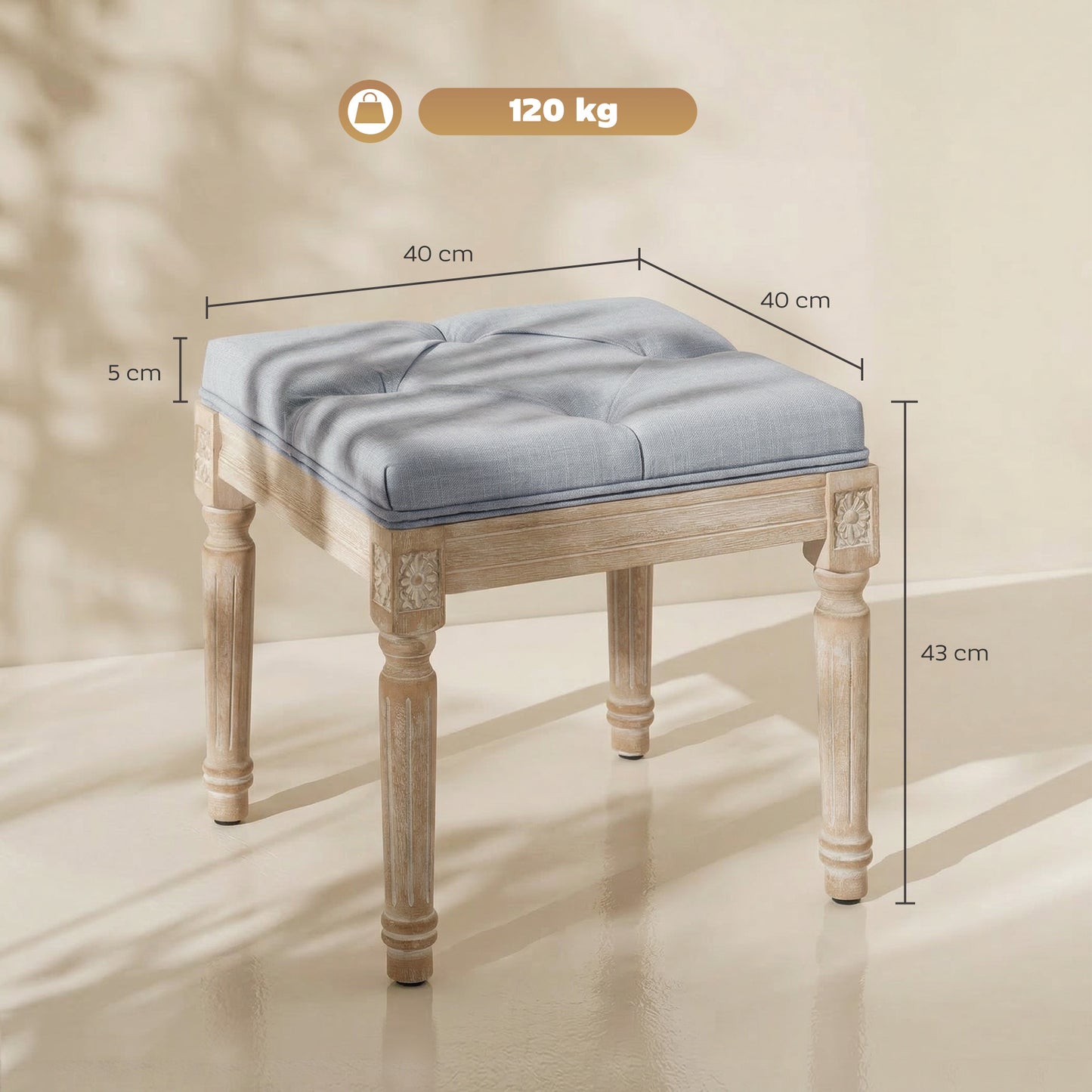 HOMCOM Vintage Foot Stool, Tufted Square Footrest with Wood Legs, Light Grey