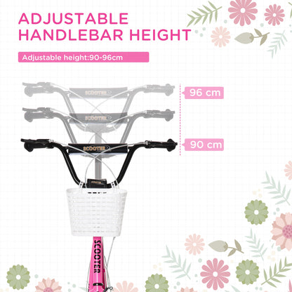 HOMCOM Kids Scooter, Kick Stunt Scooter with Adjustable Handlebar, Dual Brakes, Basket, Cupholder, Mudguard, 16" Inflatable Rubber Wheels, for 5-12 years, Pink